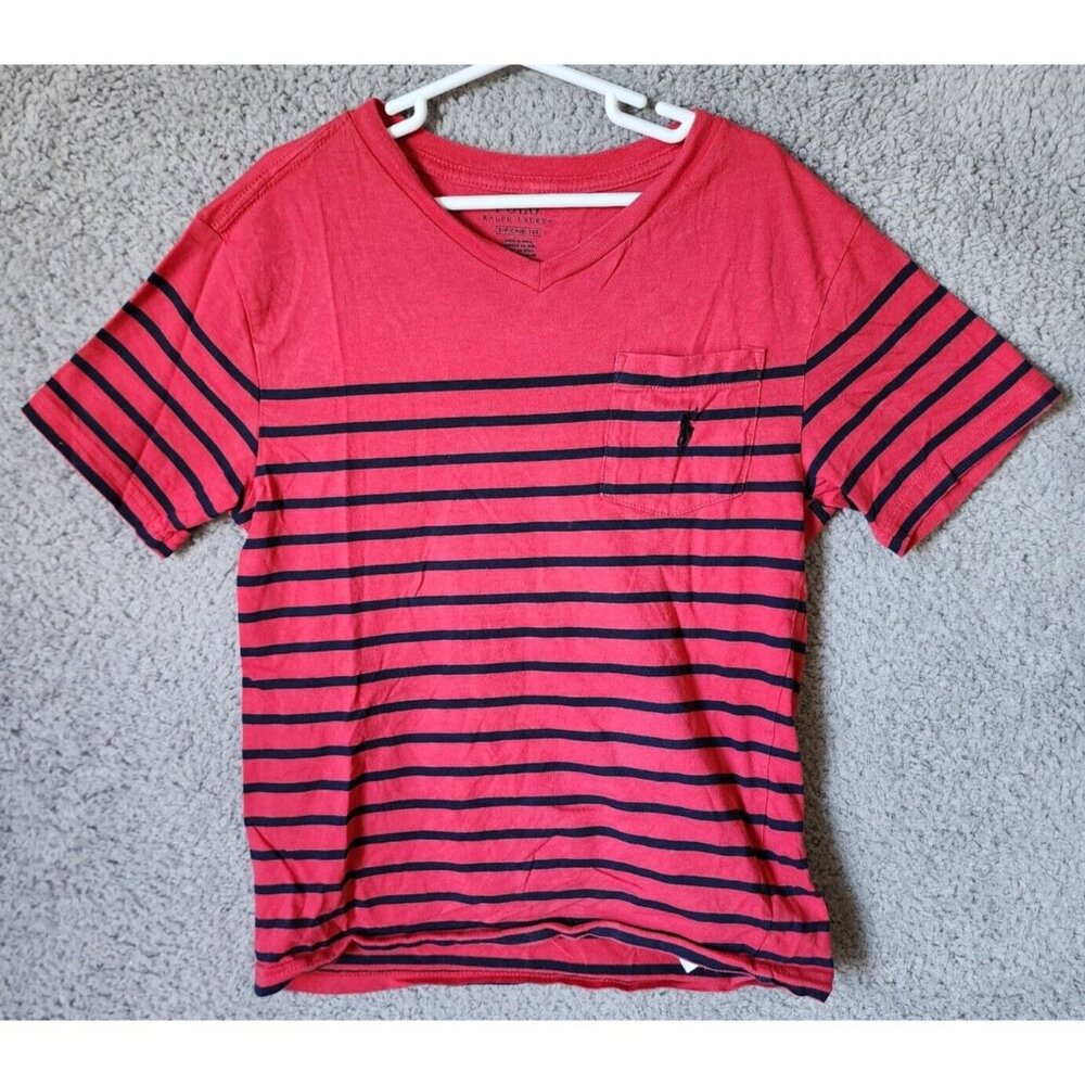 POLO Ralph Lauren Red & Navy Blue Striped Pocket V Neck T Shirt Youth Size S 8‎